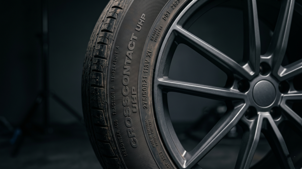 Detalhe da lateral de pneu Continental para SUV com especificações técnicas em relevo — Victore Car Service Zona Sul SP