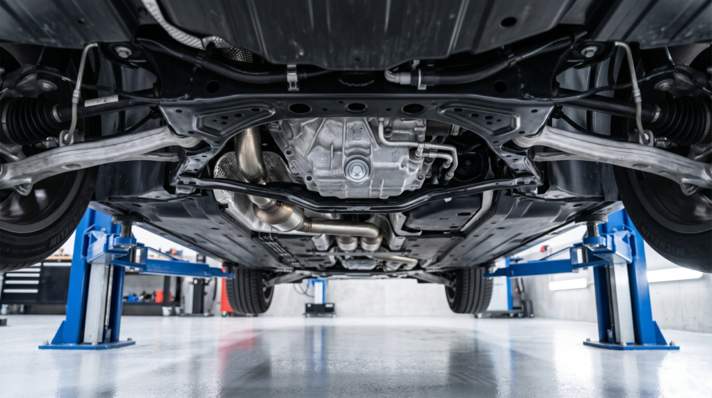 Vista inferior de transmissão automática de carro moderno durante procedimento de troca de óleo do câmbio automático