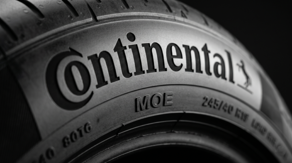 Detalhe da lateral do pneu Continental com código de homologação MOE para Mercedes