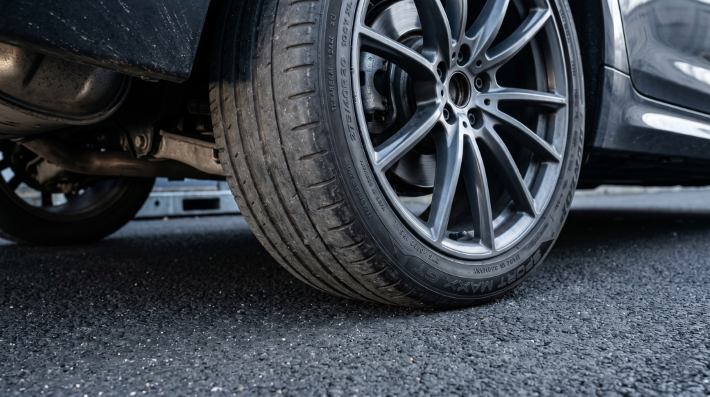 Pneu com desgaste avançado nos sulcos indicando necessidade de troca em veículo premium
