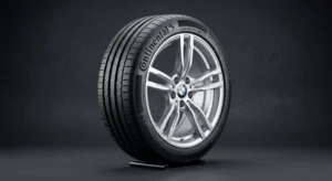Pneu Continental montado em roda de liga leve de BMW, pronto para instalação, em fundo neutro escuro com iluminação técnica