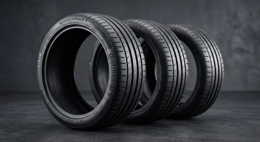 Conjunto de pneus Continental para BMW exibindo perfil, sulcos e lateral, em ambiente de estúdio automotivo premium
