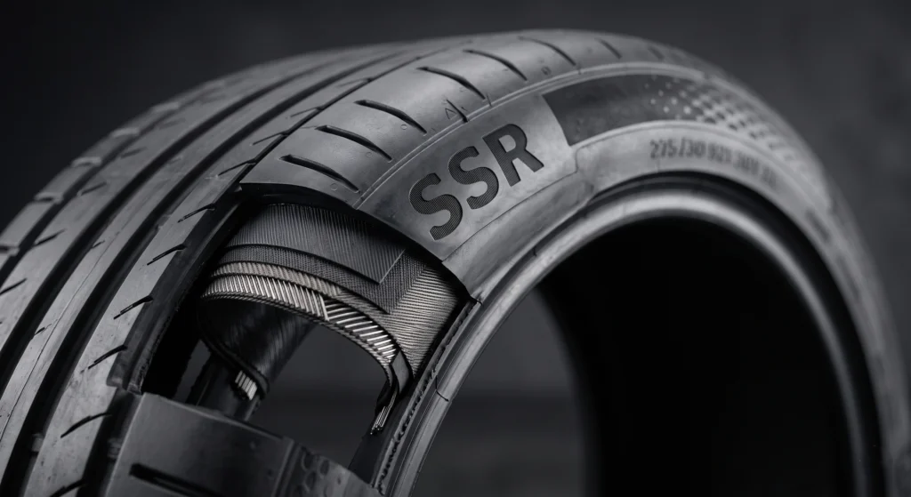 Detalhe de pneu run flat Continental com parede lateral reforçada, destacando a tecnologia de rodagem em emergência para veículos BMW