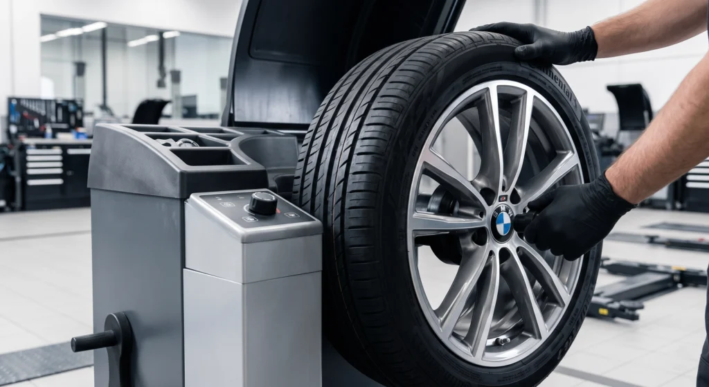 Técnico especializado alinhando pneu Continental em roda de BMW na Zona Sul de São Paulo, com equipamento de balanceamento eletrônico ao fundo
